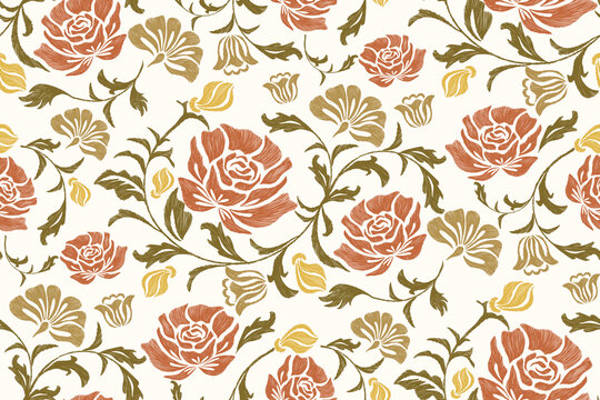 Rose Floral pattern seamless paisley embroidery border with vintage rose flower motifs. Ethnic Ikat pattern Europe baroque design. Bohemian orange colour vector illustration design .
