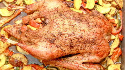 Close-up of a dish of baked duck stuffed with apples. The duck is baked with apples and served on a plate on a table.