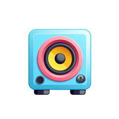a blue square speaker with a pink circle