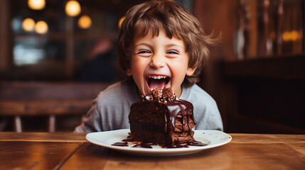happy child eats chocolate cake. - obrazy, fototapety, plakaty