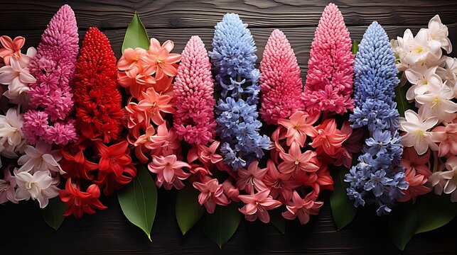 From Above Flat Lay Of Color Hyacinth Flowers On Concrete Background : Generative AI