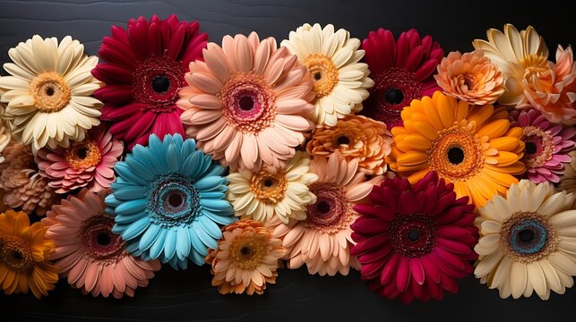 Colorful gerbera flowers over blue background. Top view flat lay with frame for your text or greetings : Generative AI