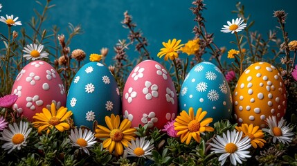 Fototapeta na wymiar Painted Eggs in Flower Field