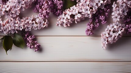 Spring flowers. Lilac flowers on white wooden background. Top view, flat lay, copy space : Generative AI