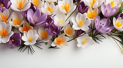 Violet, white, yellow crocuses on a white background with space for text. Spring flowers. Top view,...