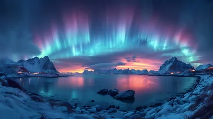 Keuken spatwand met foto Aurora borealis (nothern lights) over sea coast with boulders : Generative AI © Generative AI