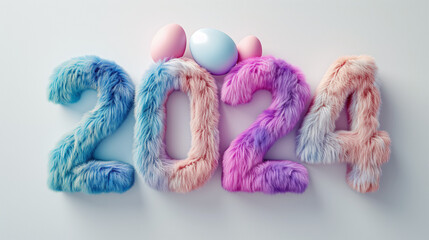 Cute number "2024" as fur shape, short hair, white background, concept playlist style, 3D illusion, digital manipulation, creative commons attribute, multi color, poet core, storybook style, easter st