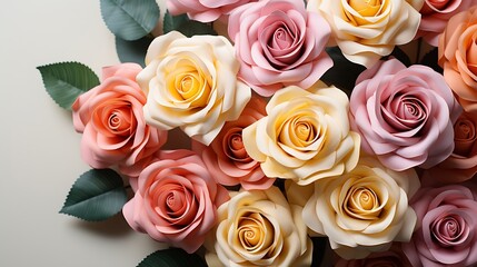 Pastel tea rose bouquet flowers on white background. Floral background. Minimal floral concept. Flat lay, top view. : Generative AI