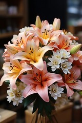 A close up on a Flower boquet arrangement of yellow, orange, and pink Asiatic Lillies and Babies Breath on display at the Farmer's Market. : Generative AI