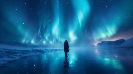 Northern Lights over lake. Aurora borealis with starry in the night sky. Fantastic Winter Epic Magical Landscape of snowy Mountains. : Generative AI