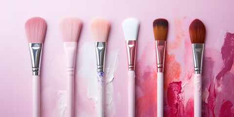 A row of brushes of various sizes in the photo on a pink background