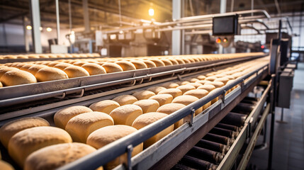 In a modern bakery factory a loaf of bread production. - obrazy, fototapety, plakaty