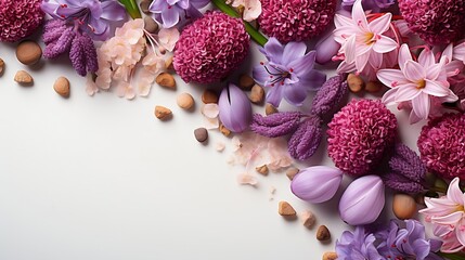 Beautiful flower violet crocuses and pink hyacinths ( Hyacinthus ) on a white background with space for text. Top view, flat lay : Generative AI