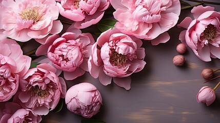 Beautiful pink peony flowers on white table with copy space for your text top view and flat lay style : Generative AI