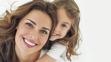 Cheerful mother with brown hair shares a loving embrace with her young daughter, both smiling on a white backdrop