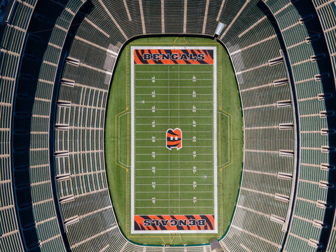 Aerial view of the Paycor Stadium, empty. Bengals logo on green turf.