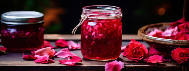 Homemade jam from rose petals on a wooden background. Selective focus. - obrazy, fototapety, plakaty