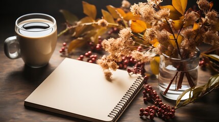 Naklejka na ściany i meble Autumn composition. Cup of coffee, notepad, fresh flowers on white background. Autumn, fall concept. Flat lay, top view, copy space : Generative AI