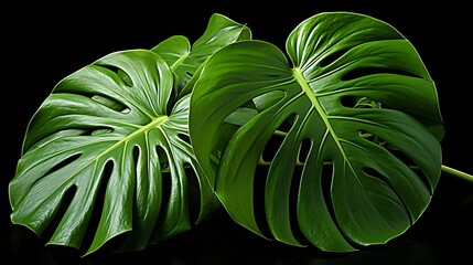 Tropical Jungle Leaf, Monstera, resting on flat surface, isolated on white background, also called Swiss Cheese plant : Generative AI