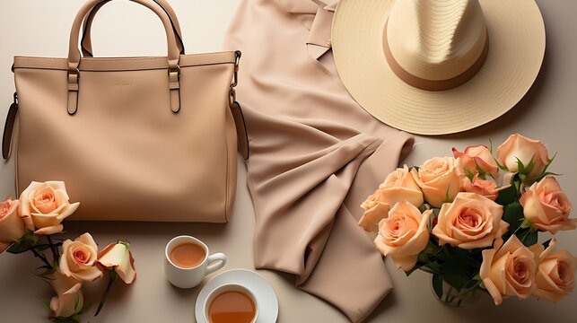 Stylized women's desk, office desk. Workspace with, laptop, bouquet roses, clipboard. Women's fashion accessories isolated on white background. Flat lay Top view : Generative AI