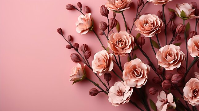 Pastel tea rose flowers on pink background. Floral background. Minimal floral concept. Flat lay, top view. : Generative AI