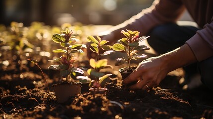 Man transplanting beautiful flowers into soil outdoors on sunny day, closeup. Gardening time :...