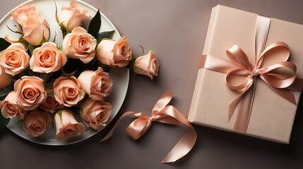 flat lay with bouquet of roses, ribbon and envelope isolated on white, st valentines day holiday concept : Generative AI