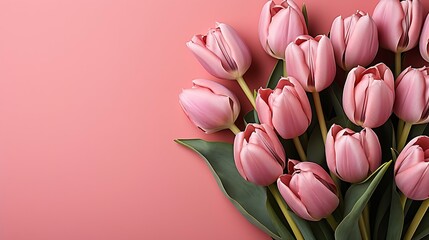 Pink tulips flowers on pink background. Waiting for spring. Happy Easter card. Flat lay, top view : Generative AI