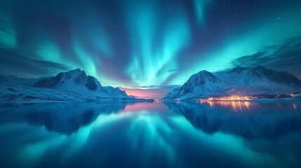 Northern Lights over lake. Aurora borealis with starry in the night sky. Fantastic Winter Epic Magical Landscape of snowy Mountains. : Generative AI