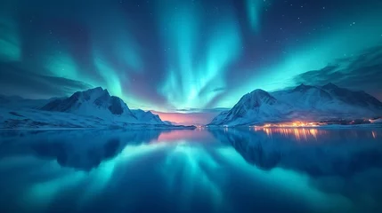 Photo sur Plexiglas Aurores boréales Northern Lights over lake. Aurora borealis with starry in the night sky. Fantastic Winter Epic Magical Landscape of snowy Mountains. : Generative AI
