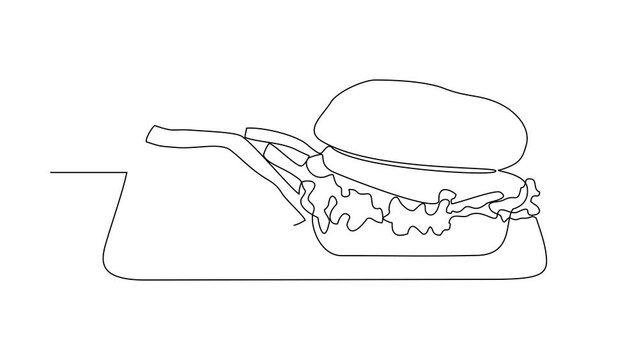 Animated self drawing of burger on the table in the restaurant vector illustration. Video design with Minimalist black linear line concept. Food themes design for your business asset design video.