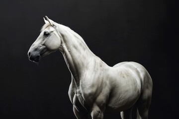 Obraz na płótnie Canvas A majestic white horse standing in a studio setting, with a dramatic black background and soft lighting.