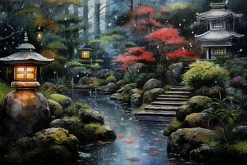 Fototapeta na wymiar Zen gardens in the rain: Tranquil zen gardens, made of stones, sand and delicate plants, are illuminated by falling raindrops. Colorful lanterns appear against the background of green trees, adding ma