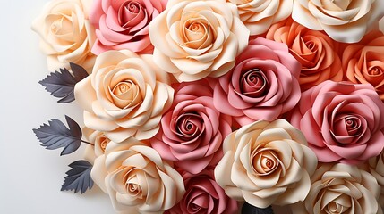Pastel tea rose bouquet flowers on white background. Floral background. Minimal floral concept. Flat lay, top view. : Generative AI