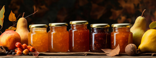 pear jam in a glass jar. pear jam on a wooden background. Delicious natural marmalade - obrazy, fototapety, plakaty