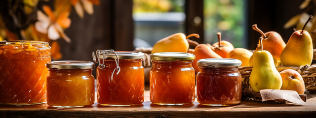 pear jam in a glass jar. pear jam on a wooden background. Delicious natural marmalade - obrazy, fototapety, plakaty