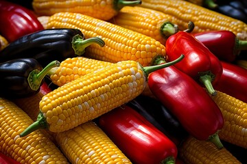 Fresh Farm Products - Sweet Corn Cobs, Assorted Peppers, Top View Display at Market