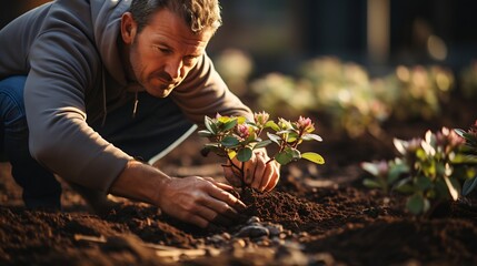 Man transplanting beautiful flowers into soil outdoors on sunny day, closeup. Gardening time : Generative AI - obrazy, fototapety, plakaty