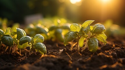 Rows of potatoes growing in field : Generative AI - obrazy, fototapety, plakaty