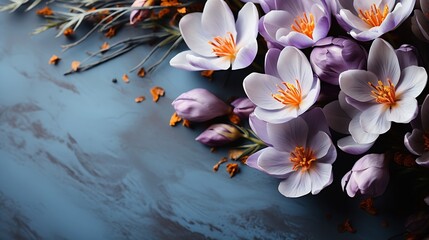 Wide floral banner with purple crocus on a blue background. Top view, flat lay. Beautiful postcard...