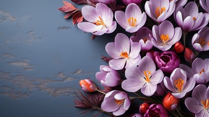 Wide floral banner with purple crocus on a blue background. Top view, flat lay. Beautiful postcard...