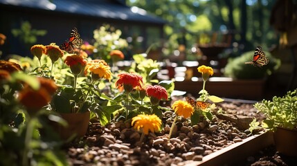 A colorful backyard pollinator garden. : Generative AI - obrazy, fototapety, plakaty