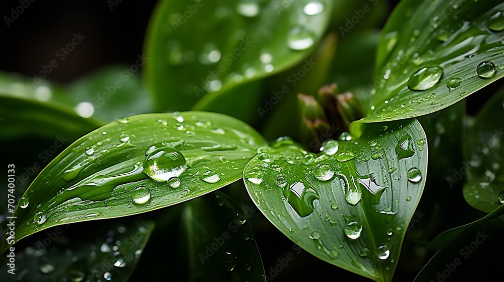 Poster a beautiful fresh green leaf covered with raindrops and highlighted by the sun. the plant has a beau