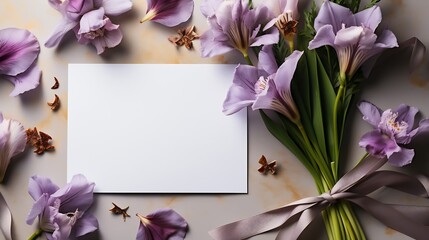 Blank paper and purple iris flowers with ribbon on white table. Top view, flat lay, mockup.Greeting card for Women's Day and March 8th. : Generative AI