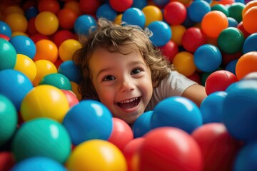 Fototapeta na wymiar Happy child playing at balls pool playground. Kid playing with multi coloured plastic balls
