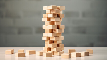 Game Jenga wooden cubes on a light background.