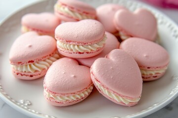 Obraz na płótnie Canvas Pink heart-shaped macarons on a white plate, close-up