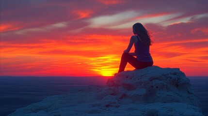 Woman Sitting on Rock at Sunset