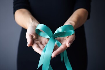 Woman holds in his hand Teal ribbon. Women's health care. Cervical cancer, ovarian cancer, gynecological cancer, sexual assault awareness.