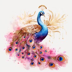 Watercolor peacock encrusted with pink and gold glitter Ai generated art